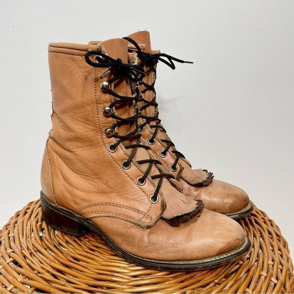 Laredo Vintage Leather Lace Up Roper Granny Paddock Fringe Tan Cowgirl Boots 6.5 - Picture 1 of 7